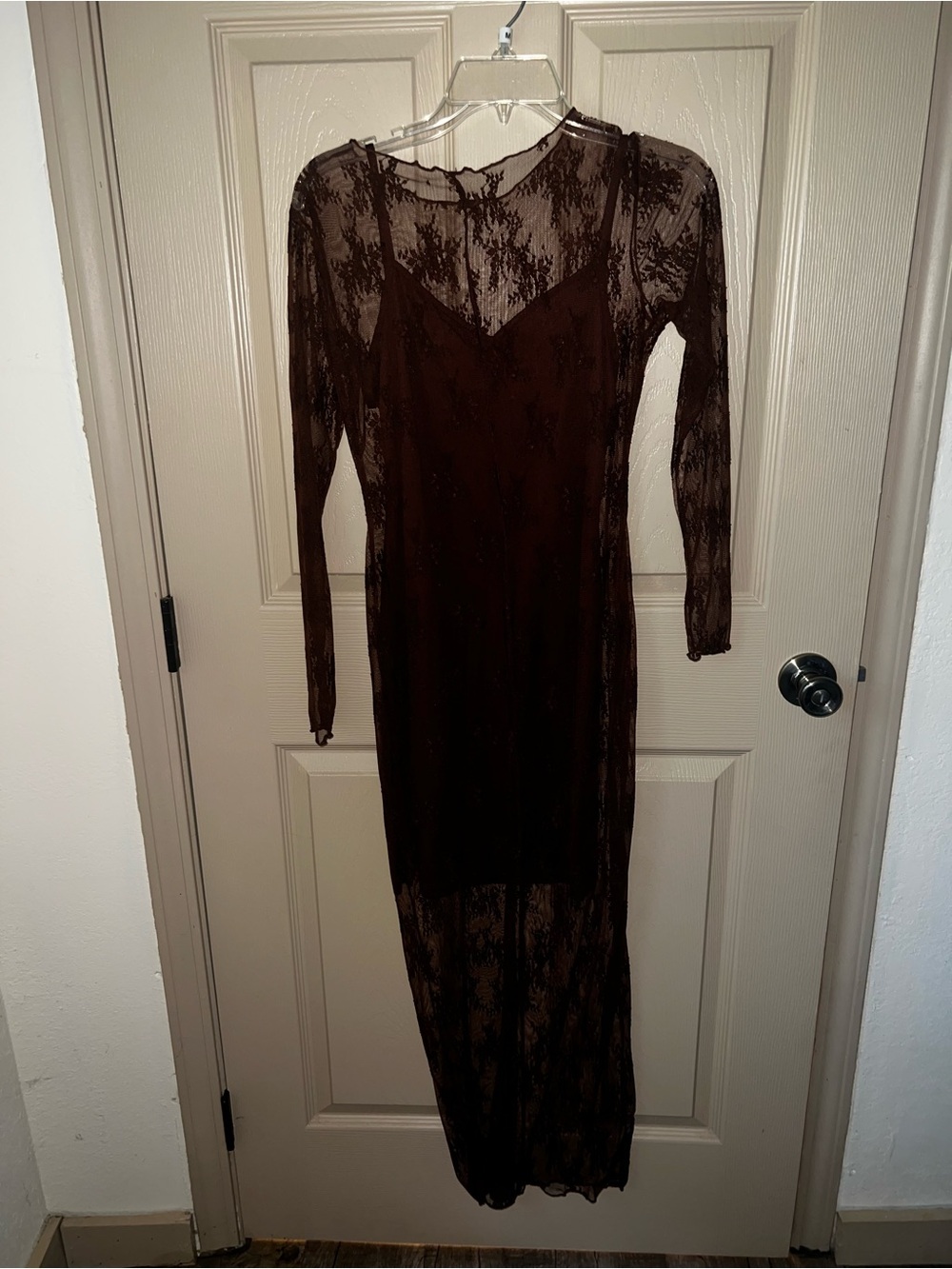 Sheer Long Sleeve Lace Maxi Dress - Brown